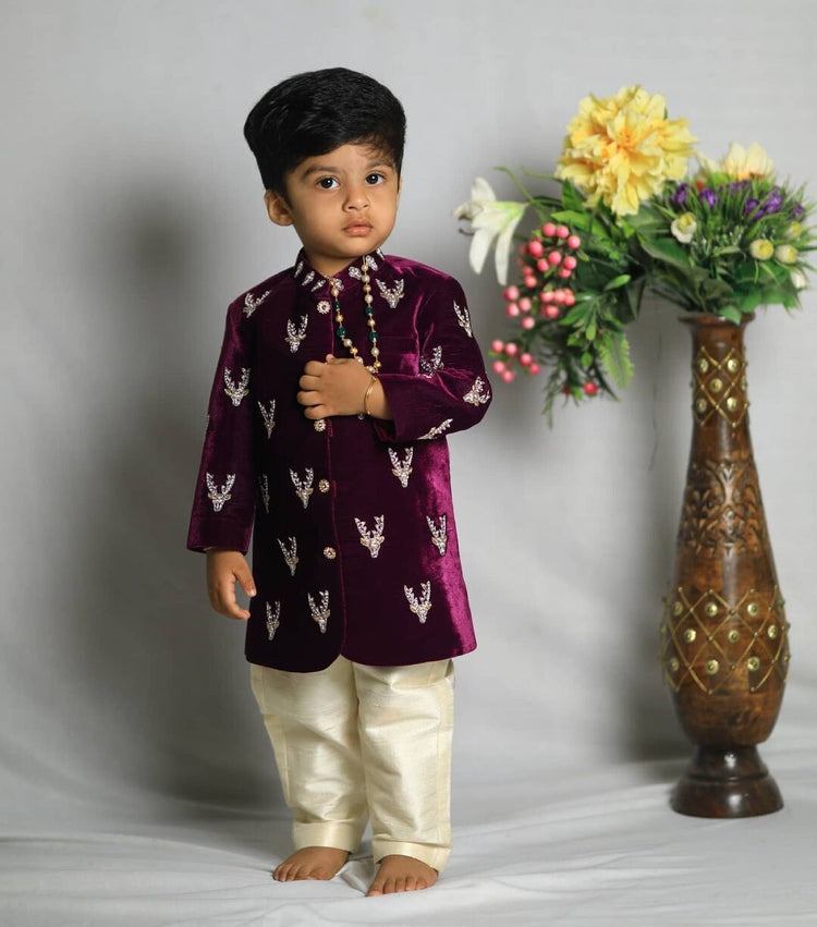 Designer Kids Sherwani Purple Colour Velvet Fabric-Rawsilkpant