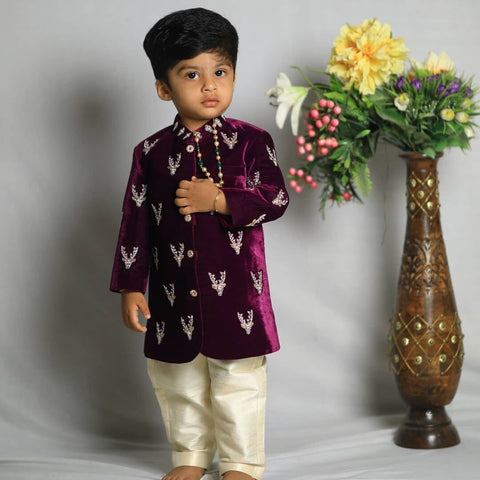 Designer Kids Sherwani Purple Colour Velvet Fabric-Rawsilkpant