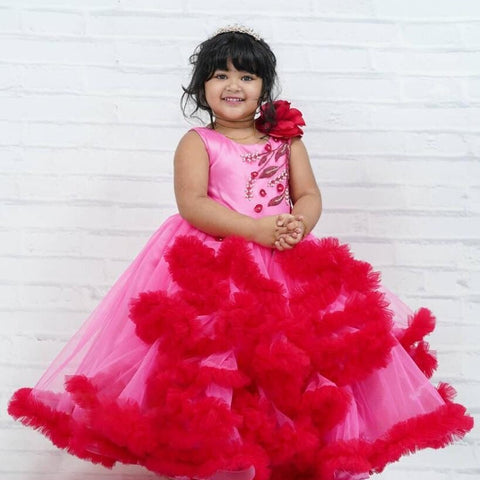 Designer Ruffle Frock - Pink & Red