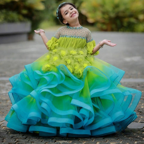 Designer Ruffle Frock - Lime Green - Sea Blue