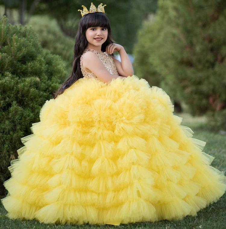 Designer Kids Frock yellow BackSide-With Hair Band