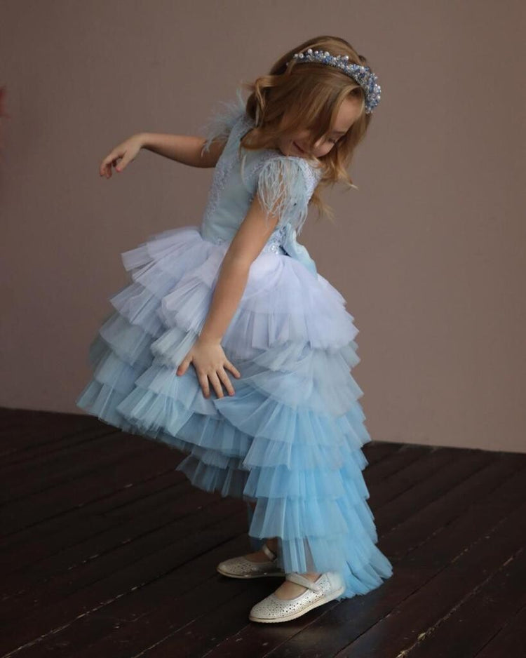 Designer Kids Frock Sky blue BackSide-With Hair Band