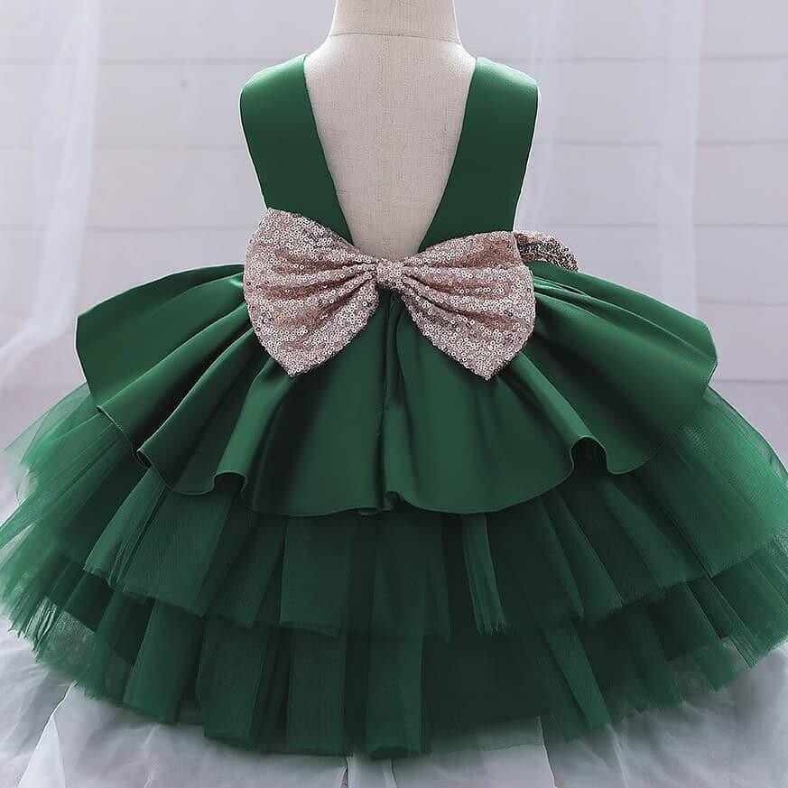 Designer Kids Frock green BackSide-With Hair Band