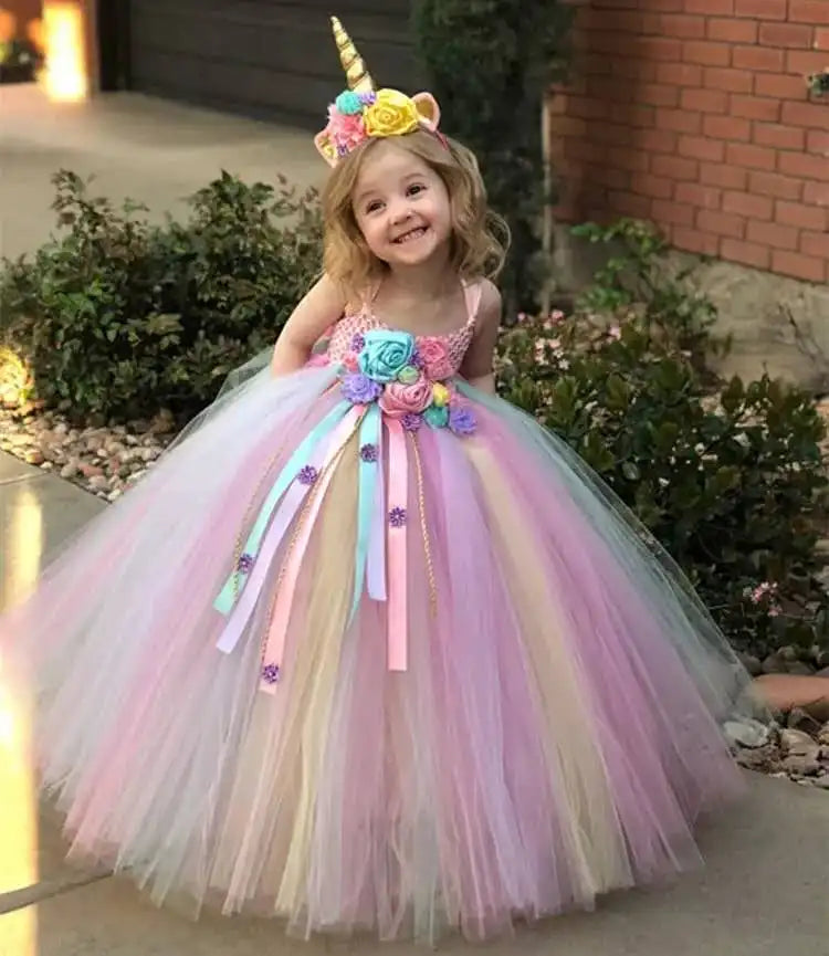 Pastel Unicorn Tutu Dress with Daisy Ribbons