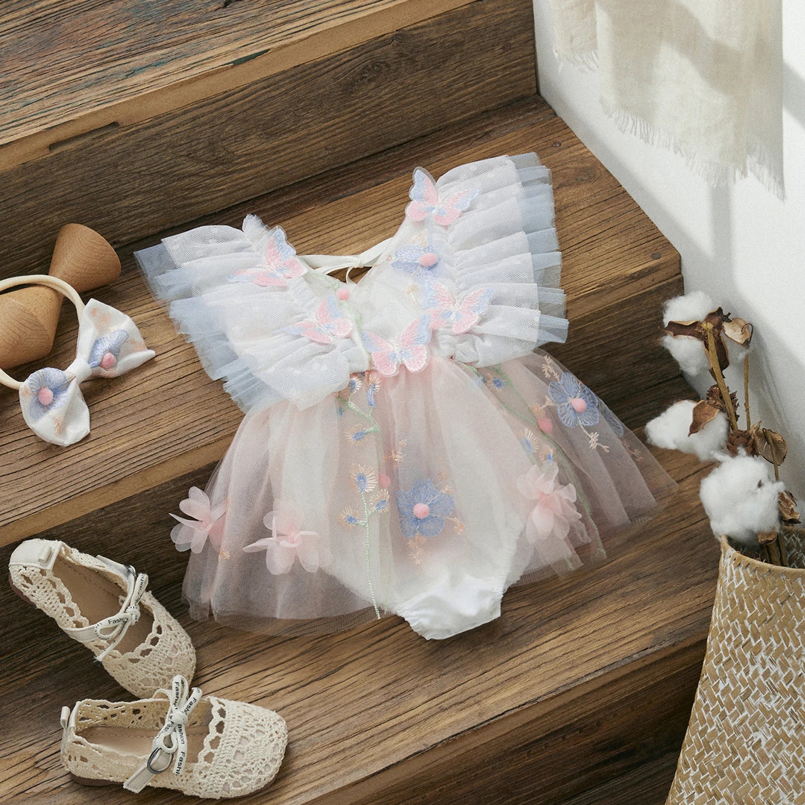 Butterfly Embroidery Tulle Ruffle Romper