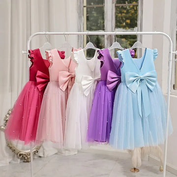 Girls' Pink Tulle Bow Backless Party Dress