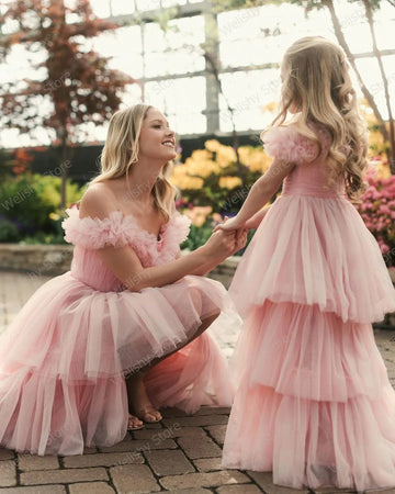 Pink Off-Shoulder Ruffled Tulle Mom & Daughter Dresses