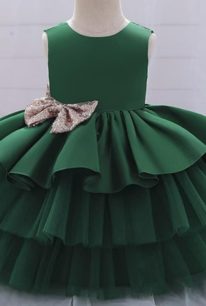 Designer Kids Frock green BackSide-With Hair Band