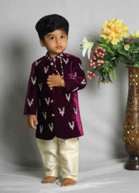 Designer Kids Sherwani Purple Colour Velvet Fabric-Rawsilkpant