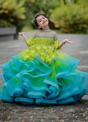 Designer Ruffle Frock - Lime Green - Sea Blue