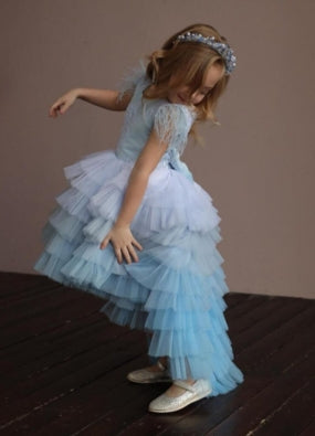 Designer Kids Frock Sky blue BackSide-With Hair Band