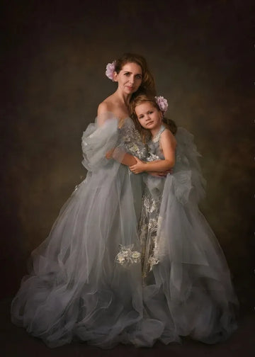 Elegant Gray Tulle Mom & Daughter Prom Dresses